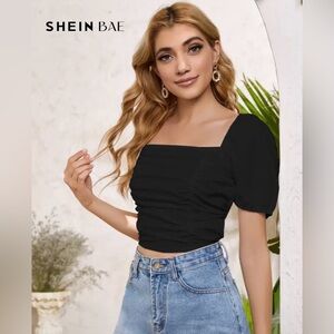 SHEIN Size 6 Black Ruched Puff Sleeves Laceup Backless Square Neck Crop Top